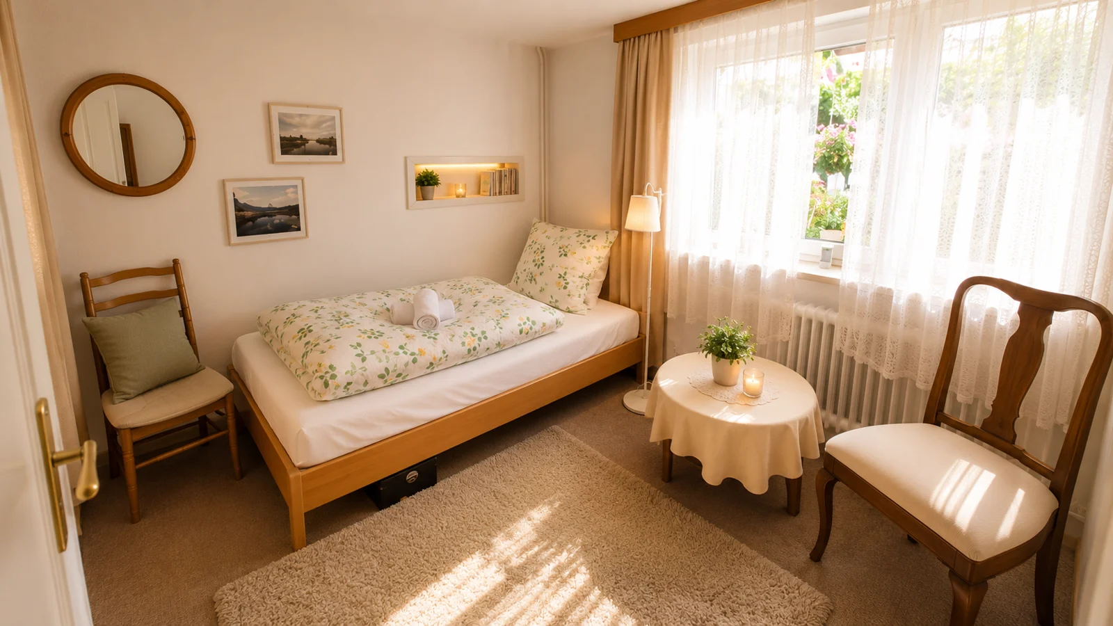 Dormitorio luminoso junto a la ventana en el apartamento del centro de Cuxhaven