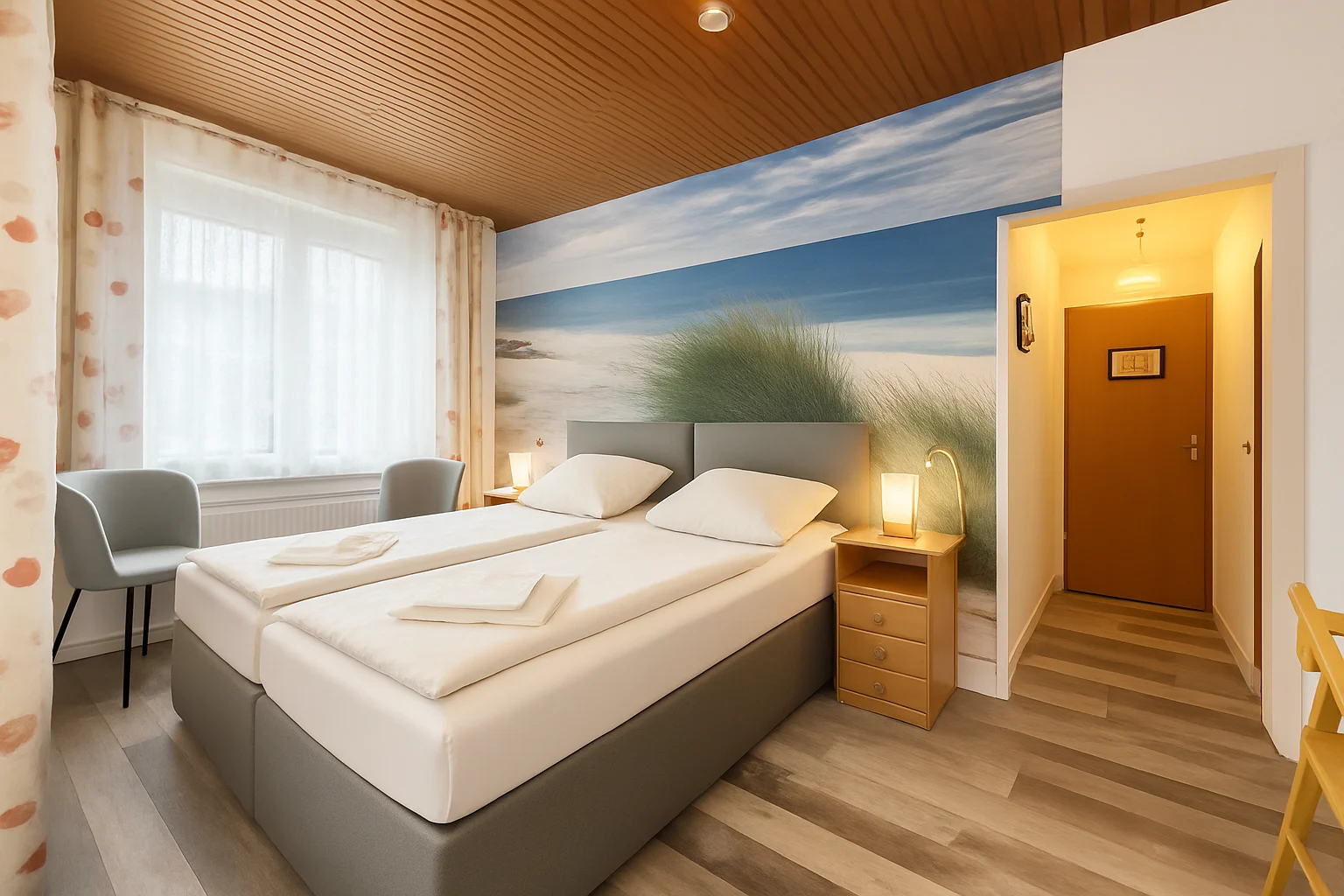 Cama doble y decoración de dunas en una habitación de hotel en Cuxhaven